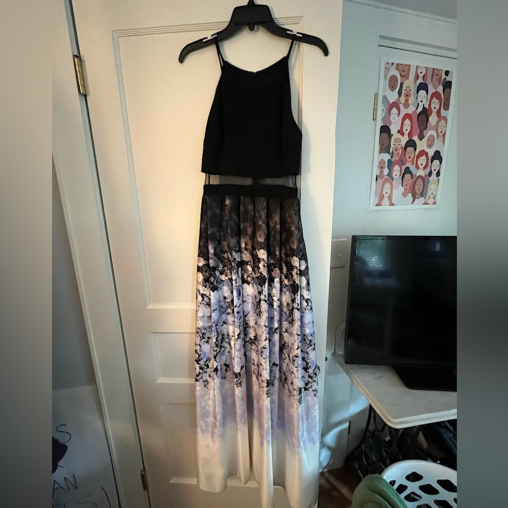 Black, purple, white floral prom dress
